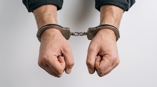 Close up of a persons hands in handcuffs against a white background.