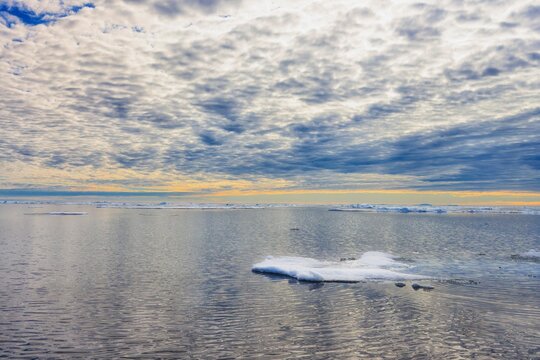 Pack ice and Icebergs in the retreating Arctic Ocean at the latitude of 81&deg;3 N, Svalbard archipelago, Norway