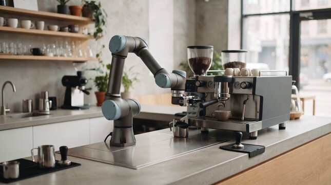 Robotic arm precisely prepares coffee on an espresso machine in a modern cafe setting