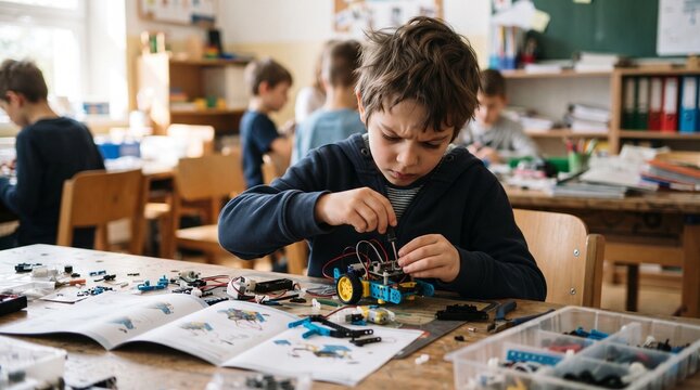 Young boy intently building a robot with electronic components and instructions in a classroom setting