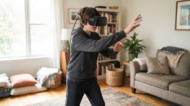 Young boy wearing a virtual reality headset playing a game in a cozy living room setting