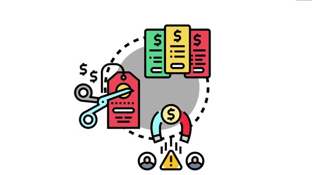 Illustrating predictable pricing levels featuring multiple monetary value cards, scissors cutting a tag, and a magnet attracting currency, representing cost management and value generation