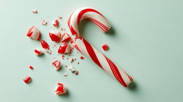 Broken peppermint candy cane with red and white fragments scattered on pale mint studio surface Generative AI