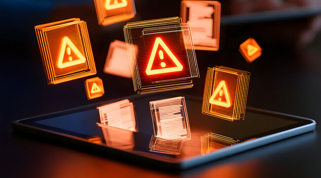 Digital file security notice with illuminated orange warning icons superimposed on holographic documents projected onto a tablet screen for enterprise data risk management and cybersecurity defense