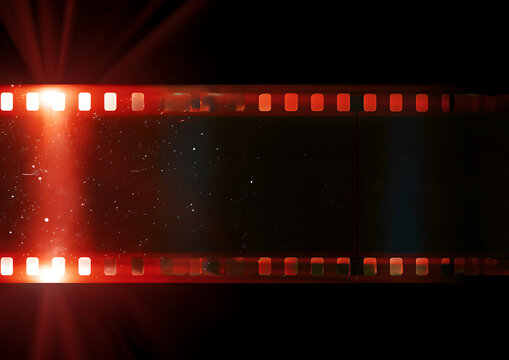 35mm photo film strip with red glare, white dust, and scratches, and strong lens vignetting. A4 aspect ratio page template with a transparent background (PNG image)