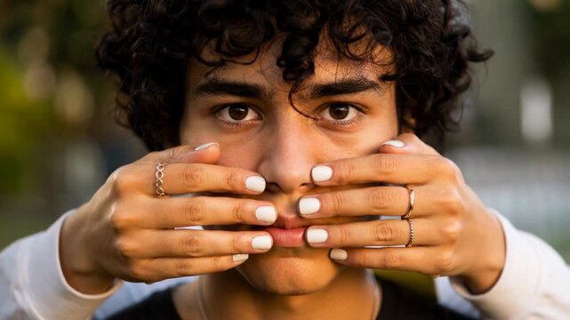 Close up of a young man with his mouth covered by a woman's hands. Cinematic sequence showing a concept of censorship and being silenced. The man has a shocked expression