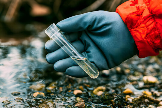 Environmental researchers hand holding a test tube with a water sample for chemical contamination analysis. Close-up shot is useful for ecological research and pollution control campaigns
