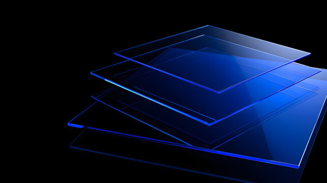 3D abstract glossy blue square plates. Ideal for product podiums, tech presentation slides, web headers, UI UX design, and wallpaper