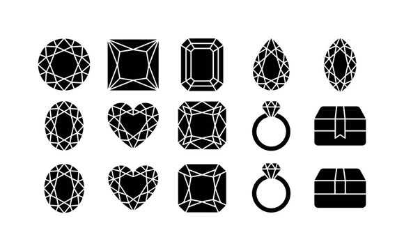 Diamond Cut Collection, solid glyph icon set featuring round diamond, princess cut, emerald cut, pear cut, marquise cut, oval cut, heart cut, radiant cut, jewel ring and gemstone box, covering