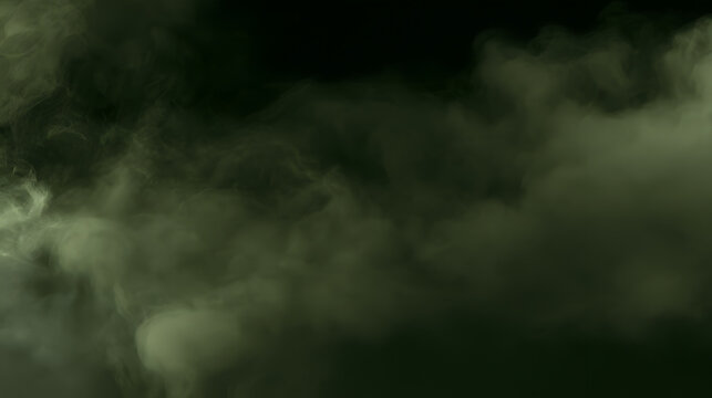 Overlaying a transparent background, smoke, fog, and steam with atmospheric olive moss green hues, soft haze, and ethereal vapor clouds rise, creating a misty effect