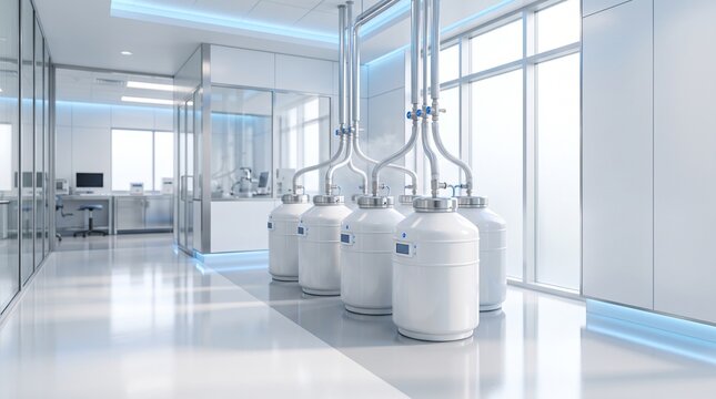 Modern cryogenic storage room in fertility clinic with liquid nitrogen tanks concept of egg freezing and embryo preservation