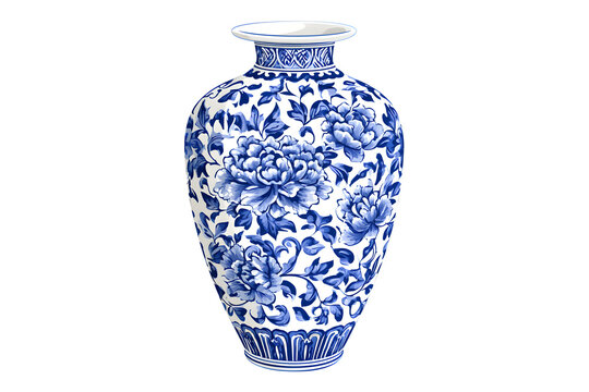 Traditional Chinese blue and white porcelain vase illustration. Elegant ceramic pottery features an intricate floral pattern with peony flowers and leaves. Symmetrical line art design shows a classic 