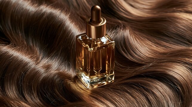 Hair oil dropper bottle resting on silky brown waves of hair in a bright indoor space Generative AI