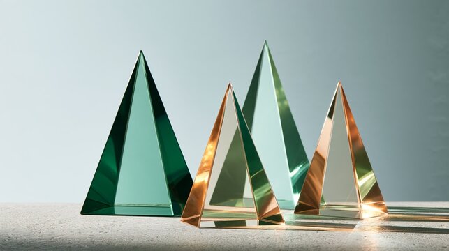 Abstract Christmas trees made of colored glass triangles on a light stone surface with reflections Generative AI