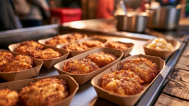 Potato pancakes served with applesauce at a European Christmas market food stall in winter daylight Generative AI