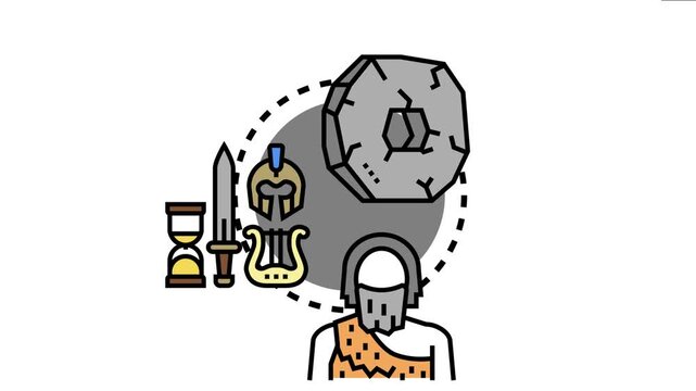 Prehistoric treasure hunter concept ancient exploration, discovery, and valuable artifact searching, featuring elements like tools, artifacts, and a primitive person