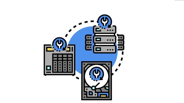Data restructuring process encompassing various storage and server devices, with technical tools symbolizing optimization and reorganization activities within an it infrastructure setup