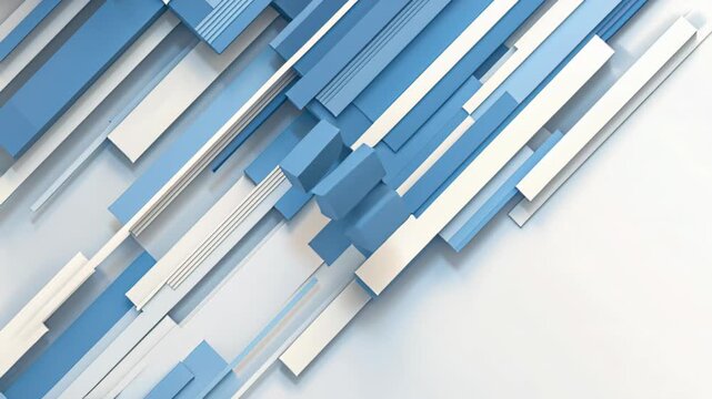 Abstract Geometric Lines: A minimalist composition of overlapping blue and white rectangular bars creates a dynamic, abstract pattern with a sense of depth and movement.