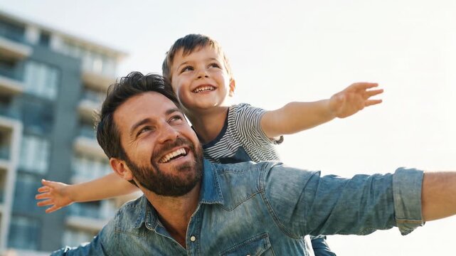 Playful caucasian father carrying his happy son on his shoulders while pretending to fly. Family enjoying quality time together on a sunny day in a modern city