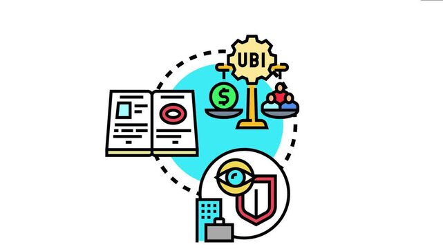 Prepaid social welfare benefit scheme presenting money and people balanced on a scale with ubi. A contract. A building. A briefcase. And an eye within a shield