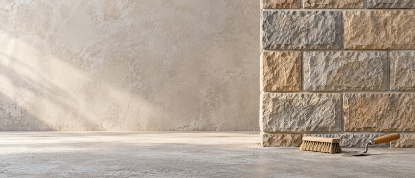 Stone masonry wall with brush and trowel on concrete floor. Construction and building materials. Masonry trade and wall finishing. Copy space for renovation and contractor advertising.
