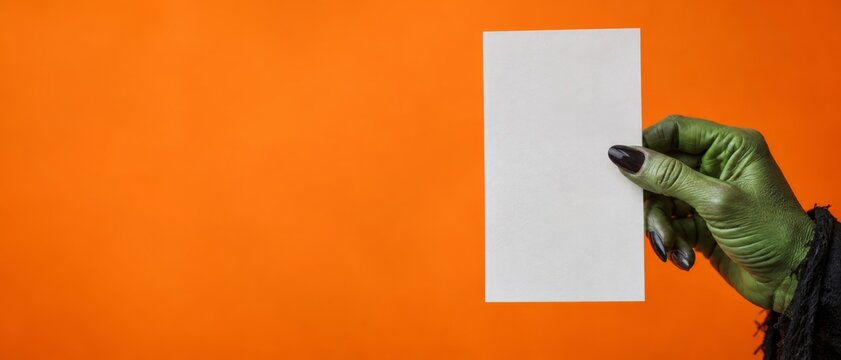 Green monster hand holding blank card against orange background. Halloween greeting and invitation concept. Horror fantasy character for seasonal promotion and event. Banner format. Copy space