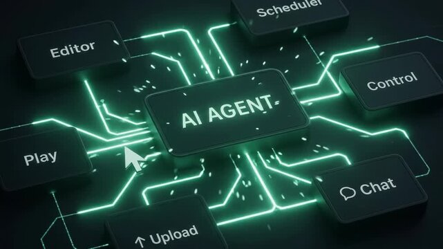 Cursor pointing at AI agent isometric software control dashboard with editor scheduler and chat