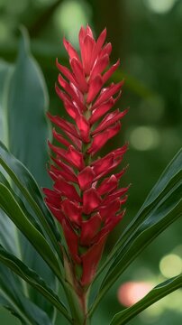 Tall red ginger blossom rising from lush tropical foliage in warm sunlight, a vibrant botanical scene of exotic flora and spicy floral inspiration