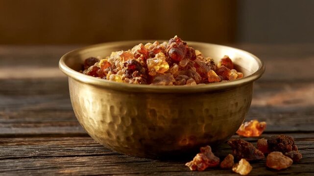Amber myrrh resin tears in a hammered brass bowl on rustic dark wood in warm light, evoking ancient incense, sacred ritual and oriental perfumery