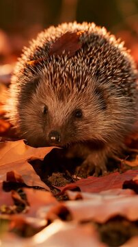 Curious hedgehog peering out among fallen orange autumn leaves in warm golden light, a charming wildlife portrait evoking cozy fall season