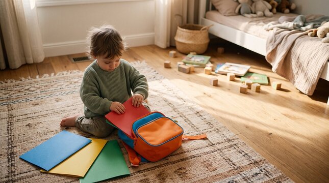 Adorable toddler boy packing colorful folders into a backpack, preparing for school in a cozy bedroom setting with toys scattered around
