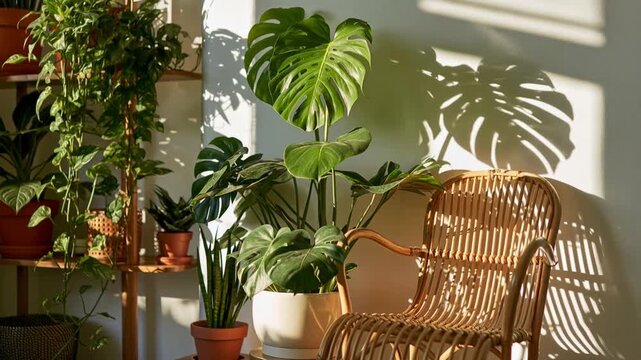 Sunlit plant corner with monstera, potted houseplants and a rattan chair, leaf shadows on a white wall, evoking calm urban jungle living and biophilic home decor