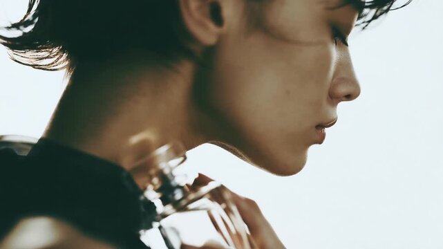 Side profile of a woman with short dark hair smelling a glass perfume bottle held in her hand, soft daylight, a contemporary beauty portrait about fragrance