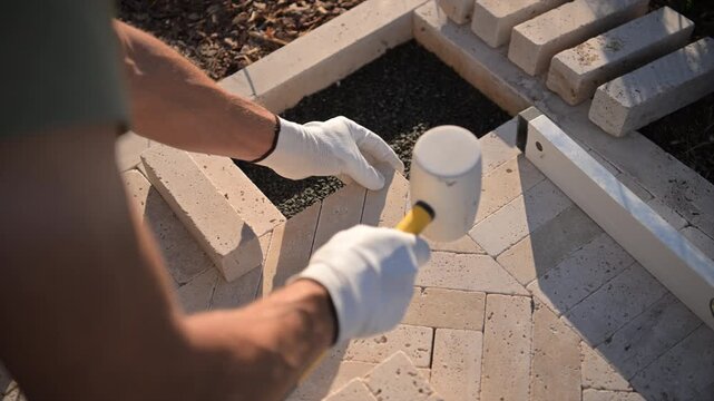 Worker tapping paving blocks beside an exposed gravel base