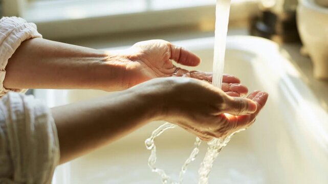 Hands and wrists held under a stream of cold tap water over a sunlit white sink, water splashing in golden light, a simple way to cool down in summer heat