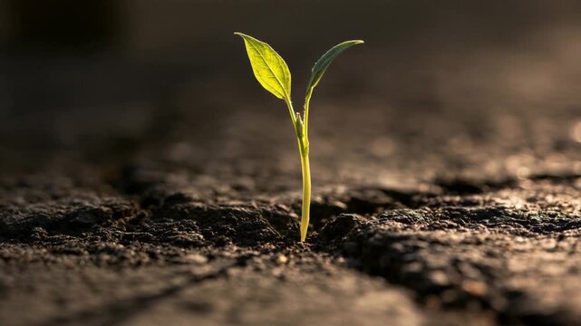 Small green sprout breaking through a crack in dark asphalt in warm backlight, a symbol of resilience, hope, new beginnings and the power of nature