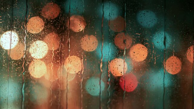 Raindrops on a window pane with blurred orange and teal city lights glowing in soft bokeh at night, a moody and nostalgic urban atmosphere
