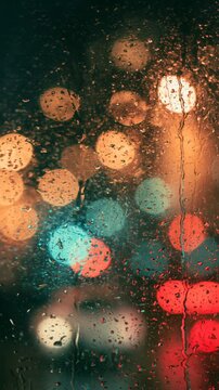 Rain-covered glass with trickling drops and colorful defocused street lights in orange, teal and red at night, a cinematic rainy city mood