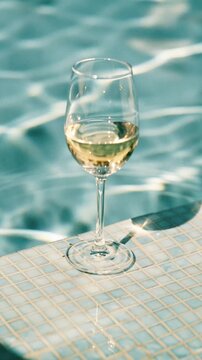 Wine glass placed on the edge of a mosaic pool step in clear blue water, shimmering sunlight reflections, relaxing resort vacation
