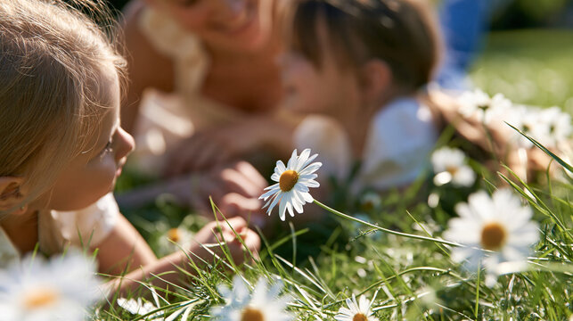 Faceless mother and daughter pretending to lie on a meadow, talking about chamomile flowers, with copy space