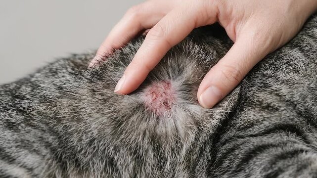 Grey tabby cat shows localized irritated skin beneath parted fur
