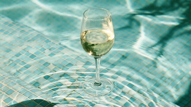 Glass of white wine standing on a submerged pool step with gentle ripples and caustic light in turquoise water, summer luxury refreshment