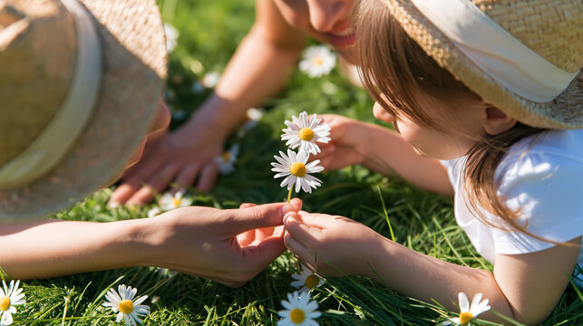 Faceless mother and daughter pretending to lie on a meadow, talking about chamomile flowers, with copy space