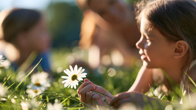 Faceless mother and daughter pretending to lie on a meadow, talking about chamomile flowers, with copy space
