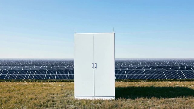 White server cabinet standing alone on grass in front of a vast solar panel field under a clear blue sky, concept of green energy for data and computing
