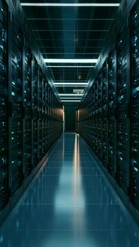 Tall server room aisle with blinking racks and glossy floor receding into the distance, cool blue glow evoking data storage, networks and modern technology