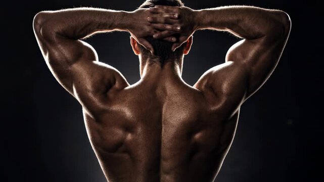 Athletic man with a muscular back and strong arms posing from behind. Bodybuilder showing muscle definition with dramatic lighting for a fitness web banner