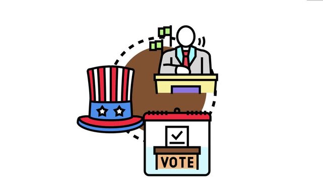 Presidential democratic republic concept a candidate speaking at a podium, the uncle sam hat symbolizing national identity, and a ballot box with a calendar representing elections
