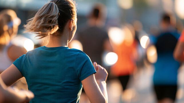 Back view of faceless people running in a city street, marathon training, cardio and outdoor workout, runner club with endurance, with copy space