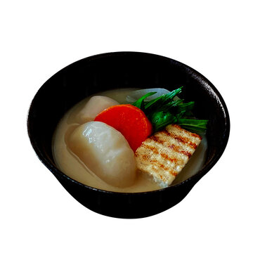 白味噌雑煮 1杯の切り抜き。丸餅や人参を入れた大阪府の伝統的な関西風お雑煮・郷土料理フード素材 俯瞰